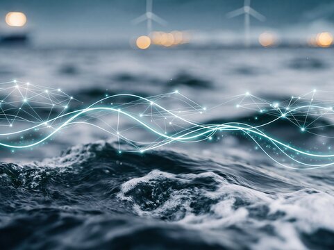 Abstract glowing network overlay on choppy ocean waves with distant offshore wind turbines