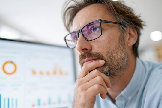 Man wears glasses, rests chin on hand. He stares at data charts, thoughtful and focused. Office light glows softly behind him. He analyzes trends, perhaps deciding strategy