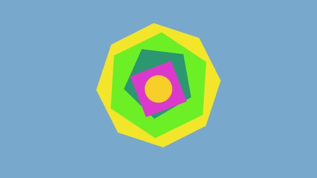 Abstract geometric tunnel animation, colourful colorful rotating concentric circle square pentagon hexagon heptagon octagonal decagon background, futuristic digital motion loop