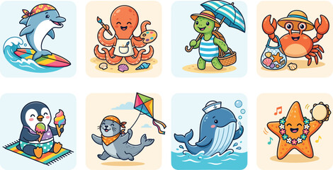 Cute sea animals summer cartoon character set with dolphin surfing octopus painting whale and penguin vector © Animesh