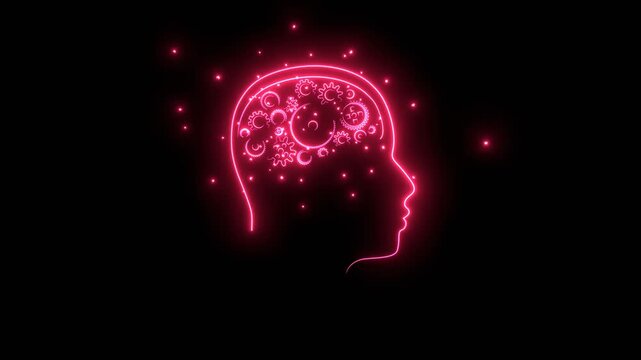 Human head with gear wheels inside. Productivity, effectiveness concept. Intelligence and knowledge development with brain performance. Gears as thoughts glowing with energy and particles.