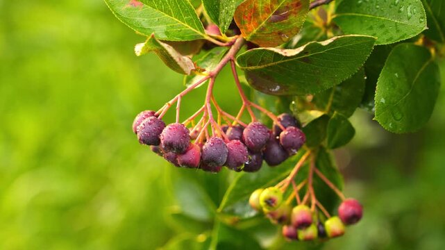 Close-up 4K Footage of Ripe Dark Purple Aronia Berry Clusters on a Green Bush with red-tinged Leaves Garden Harvest.