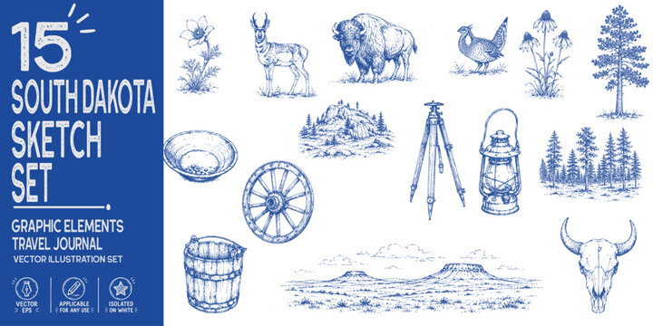 South Dakota travel journal collection. Hand drawn Black Hills heritage elements. American bison, pasque flower, Black Hills forest, bison skull, wagon wheel. Trendy sketch vector set