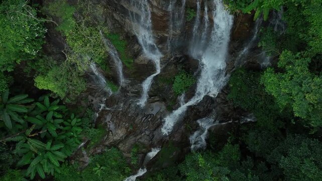 Aerial view of deep tropical rainforest with waterfall surrounded by lush tropical forest and towering cliffs streams of water into deep canyon, Lush green trees in forest with natural stream.