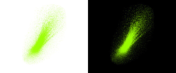 Obraz premium Bright green spray paint splash on white and black backgrounds, neon green aerosol paint splatters, abstract colorful dust explosion texture