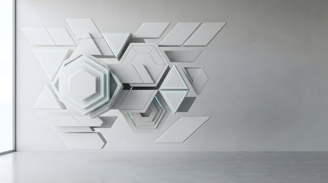 Futuristic 3D Geometric Wall Sculpture in Minimalist White Interior Architecture