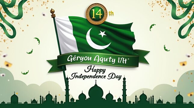 Pakistan independence day greeting with flag and mosque skyline, pakistan