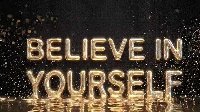 Motivational gold 3D text believe in yourself motion graphics loop with glowing lens flare
