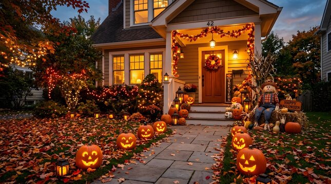 Festive halloween house exterior with jack o' lanterns and autumn decorations