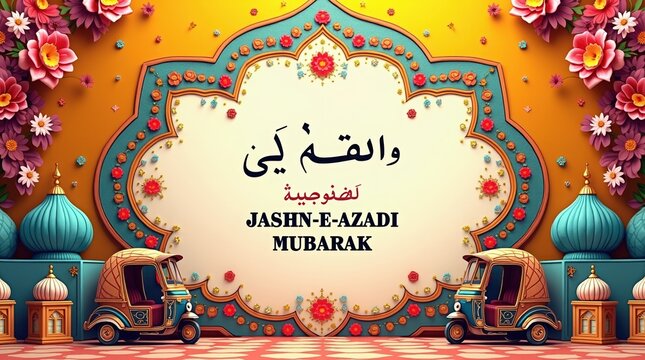 Jashn-e-azadi mubarak celebration background with rickshaws and floral art