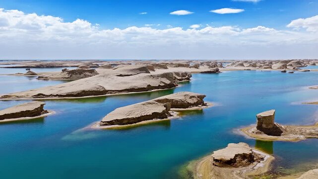 Aerial view of water yardang landforms in a turquoise lake in Qinghai, China