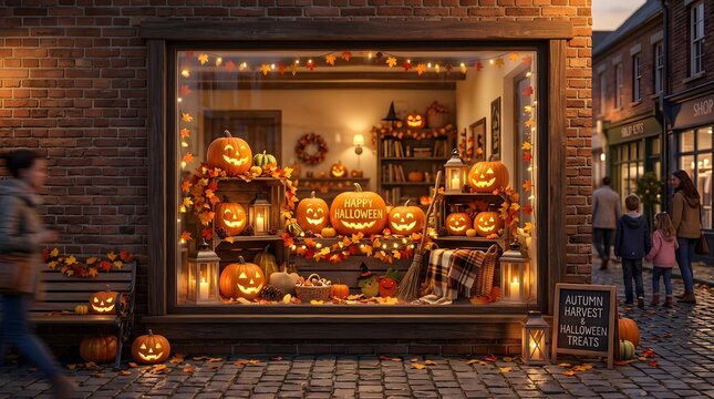 Festive halloween shop window display with pumpkins and autumn decorations