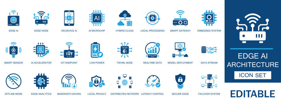 Edge AI architecture icon set. Featuring microchip on device intelligent processing node hybrid cloud smart sensor network embedded system and local data flow computing.