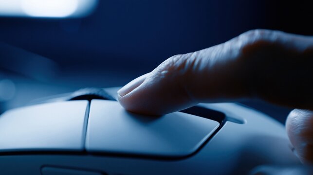 Close-up macro shot of a finger clicking a computer mouse button in a dimly lit environment with blue lighting.