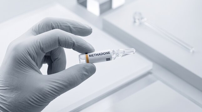 Gloved hand holding methadone medication ampoule for medical treatment or clinical research laboratory analysis with labeled methadone