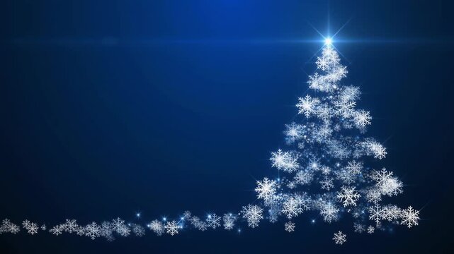 Magical Sparkling Snowflakes Swirling to Form a Glowing Christmas Tree Silhouette on Blue Background, Full HD Holiday Motion Graphics