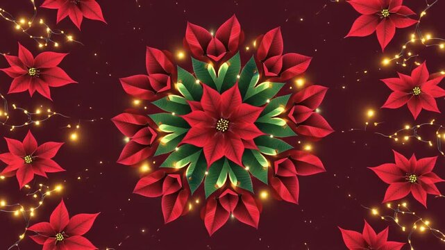 Abstract Kaleidoscopic Poinsettia Petals and Emerald Leaves Animation, Symmetrical Symmetrical Holiday Pattern Motion Background, Full HD Loop