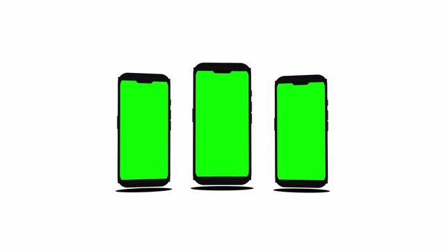 Three smartphone mockups with green screen animation, mobile phones front and side angle view with alpha channel, multiple phone mockup for app advertisement transparent background
