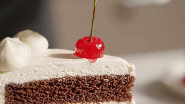 Decorating a Chocolate Cake Slice by Placing a Maraschino Cherry on Top
