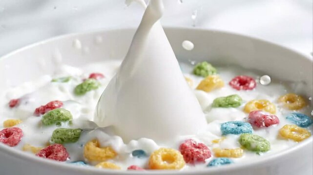 Slow Motion Splash of Colorful Cereal Loops Falling into a Bowl of Milk