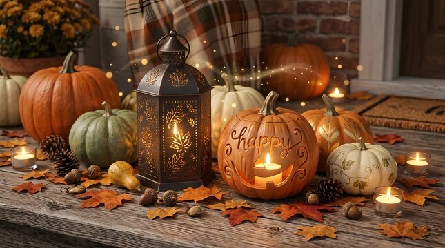 Autumnal still life with pumpkins lanterns and fall foliage