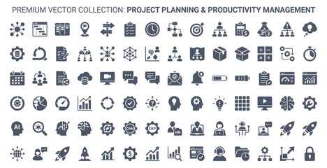 Obraz premium Comprehensive Collection of Project Management and Productivity Planning Glyph Icons for Professional Business Workflows