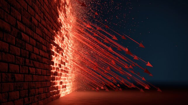 A dynamic visual of a brick wall with red arrows and particles exploding outward, symbolizing energy and movement.