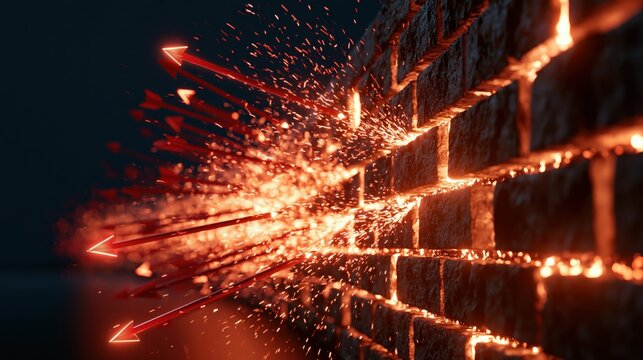 A vibrant image of fiery sparks exploding from a brick wall, creating dynamic energy and movement in a dark environment.