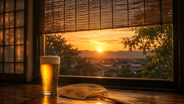 夕暮れの縁側に置かれた冷たいビールとうちわが醸し出す日本の夏の情景