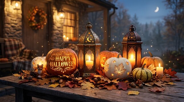 Cozy halloween still life with pumpkins lanterns and autumn foliage