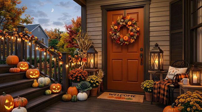 Festive autumn porch decor with pumpkins wreath and warm lighting