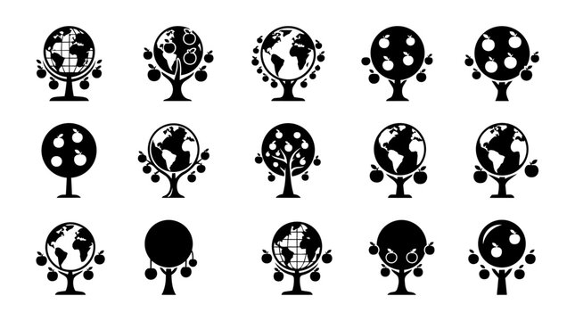 Earth tree apple icons set global fruit symbols