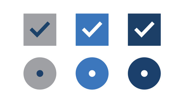 Minimalist User Interface Design Elements Featuring Selection Checkboxes and Radio Buttons in Various Shades of Blue and Gray