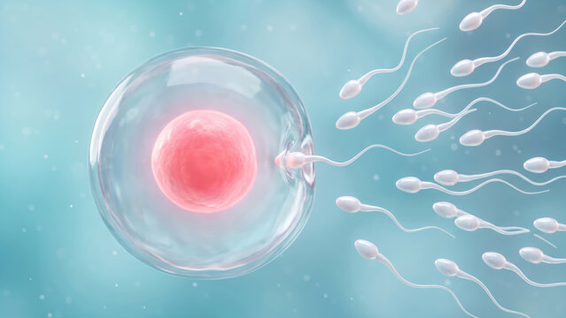 Human sperm cells approach and one penetrates an ovum, illustrating the process of fertilization and reproduction.
