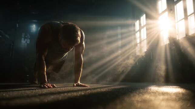 Person does push-ups in a gym with sunlight shining through windows in the early morning hours
