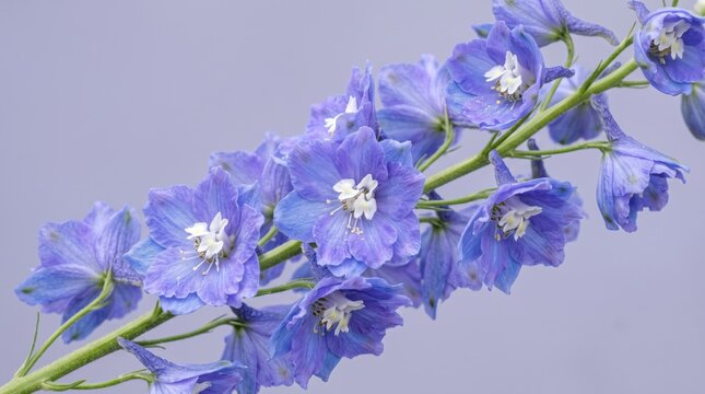 Beautiful blooming blue delphinium flowers on stem close up against purple background