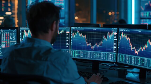 A focused trader analyzes stock market data on multiple screens, immersed in a digital environment filled with charts and graphs.