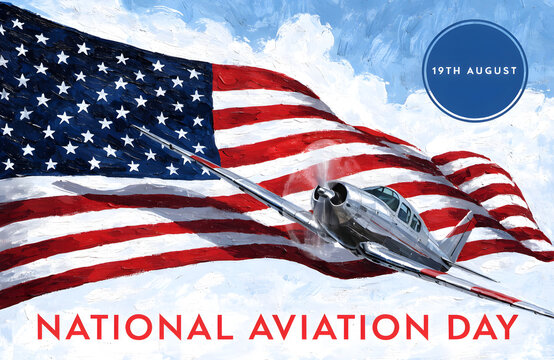 National Aviation Day 19th August Propeller Airplane with American Flag Painting
