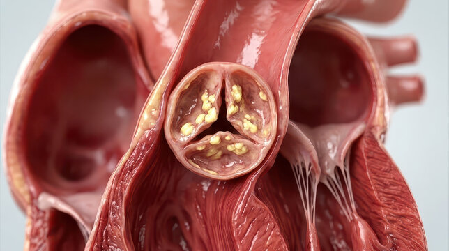 Aortic valve calcification causes aortic stenosis, heart valve disease that affects cardiology patients with narrowed valve openings and impaired blood flow through heart