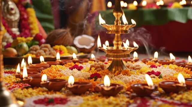 Traditional oil lamps glow on a colorful flower rangoli