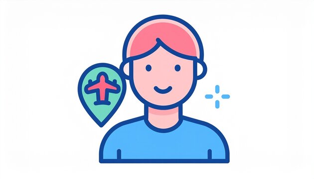 A flat vector icon displays a stylized person character next to a travel location pin.