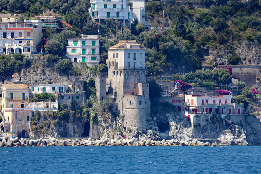 Historic Watchtower and Seaside Village on the Amalfi Coast of Italy.
