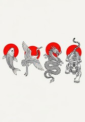 Obraz premium Set of Four Traditional Japanese Style Animal Illustrations Featuring Koi, Crane, Dragon, and Tiger with Red Sun