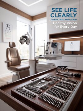 Optometrist office interior with trial lenses with modern eye care clinic with patient chair bright room
