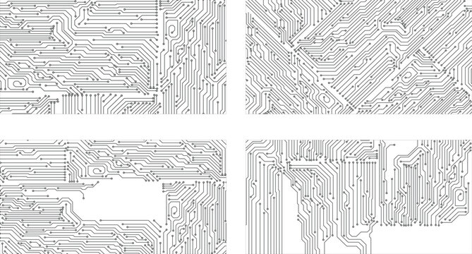 Abstract electronic circuit board pattern on white background. Collection of 4 technology circuit board.