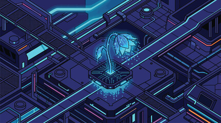 Futuristic Digital Flower Growing in Cybernetic Circuit Board Network, Sci-Fi Technology Concept Art for Innovation and Growth © Nimker harva