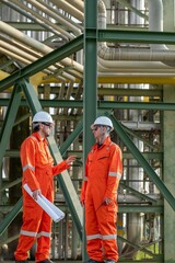 Fototapeta premium engineers team discussing petroleum engineering in oil refinery project collaboration at fuel industrial plant Two petrol engineer wear helmet using blueprint to work pipeline at site