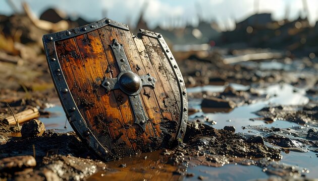 Ancient Wooden Viking Shield Lying in Muddy Battlefield After Combat, Symbolic of War and Survival