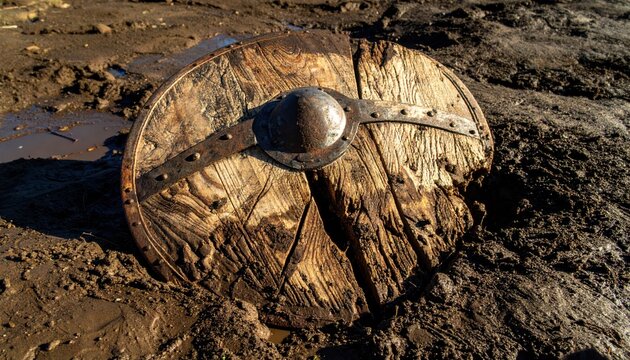 Ancient wooden viking shield lying on muddy ground, historical artifact, medieval warfare concept, outdoor artifact detail