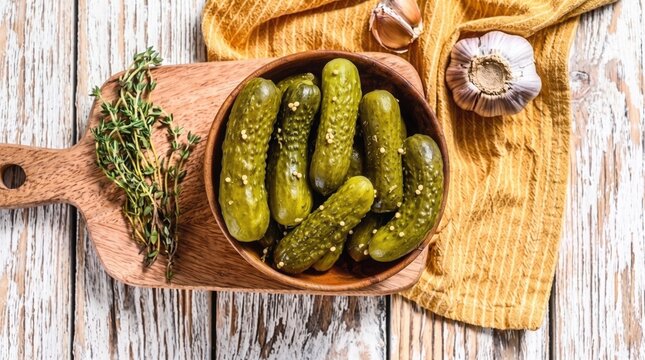 Top view of pickled gherkins cucumbers in a wooden bowl with garlic and thyme